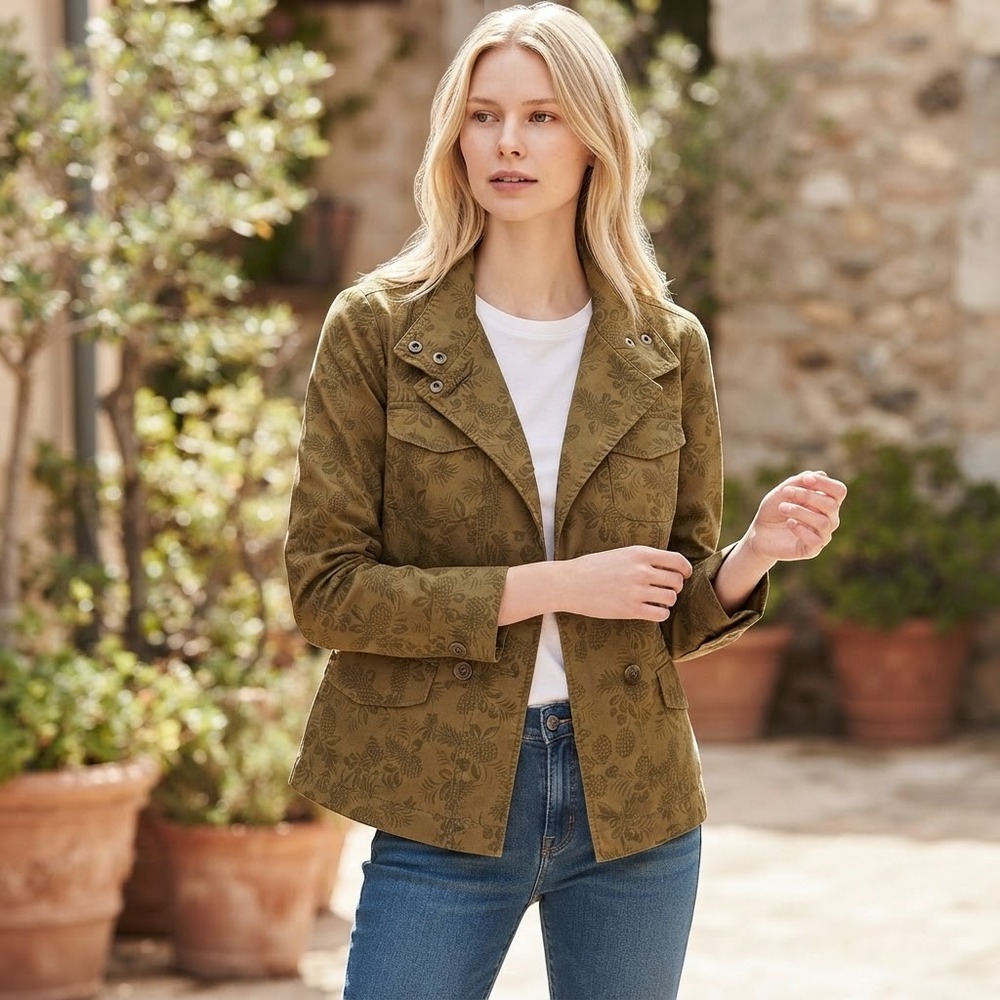 Talbots Utility Jacket Womens 8 Olive Green Pineapple Print Cotton Linen Blend
